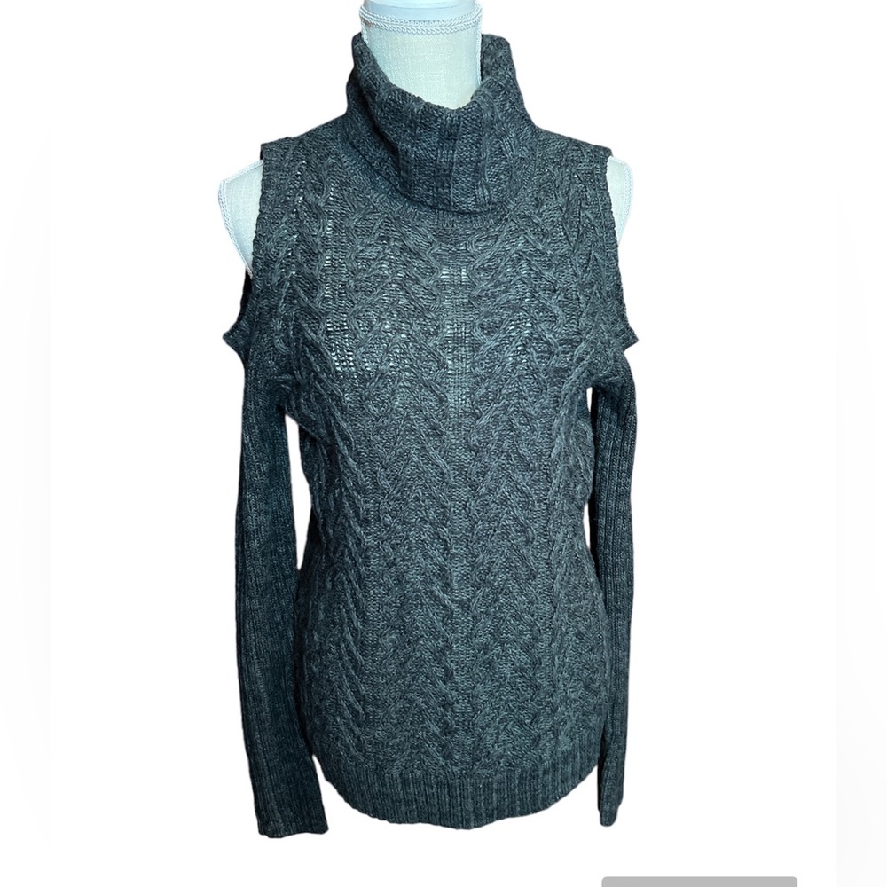 Faded Glory Black Cable Knit Turtleneck Cold Shoulder Sweater